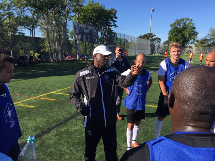Alex Bunbury with players at the Halifax trials on Sept. 21.